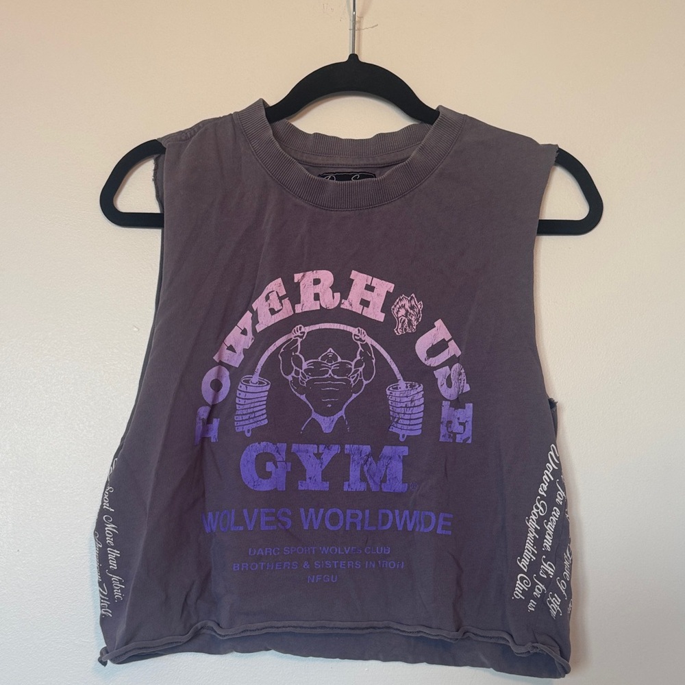 Darc Sport Gray Muscle Tee with Pink and Purple Gym Graphic